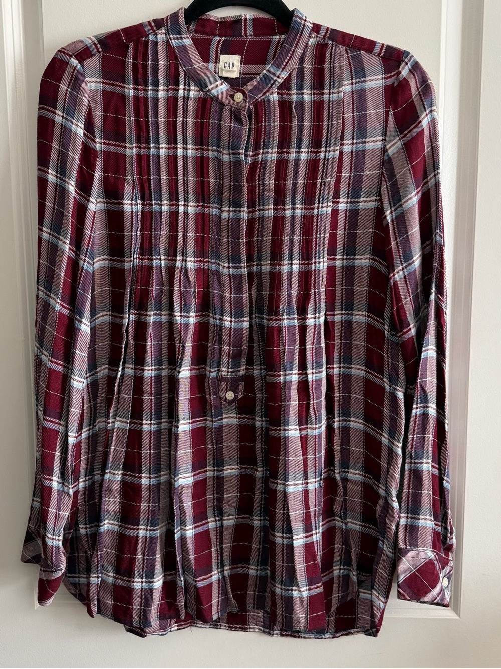 GAP Burgundy Plaid Button-Front Band Collar Shirt